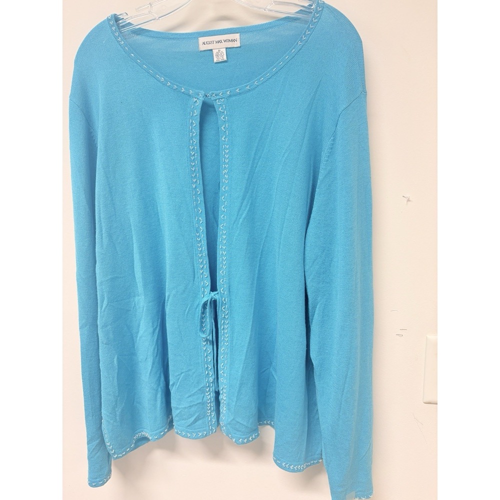 August Max Woman 3X Turquoise Blue Beaded Trim Tie Front Cardigan Sweater Plus - Picture 5 of 16